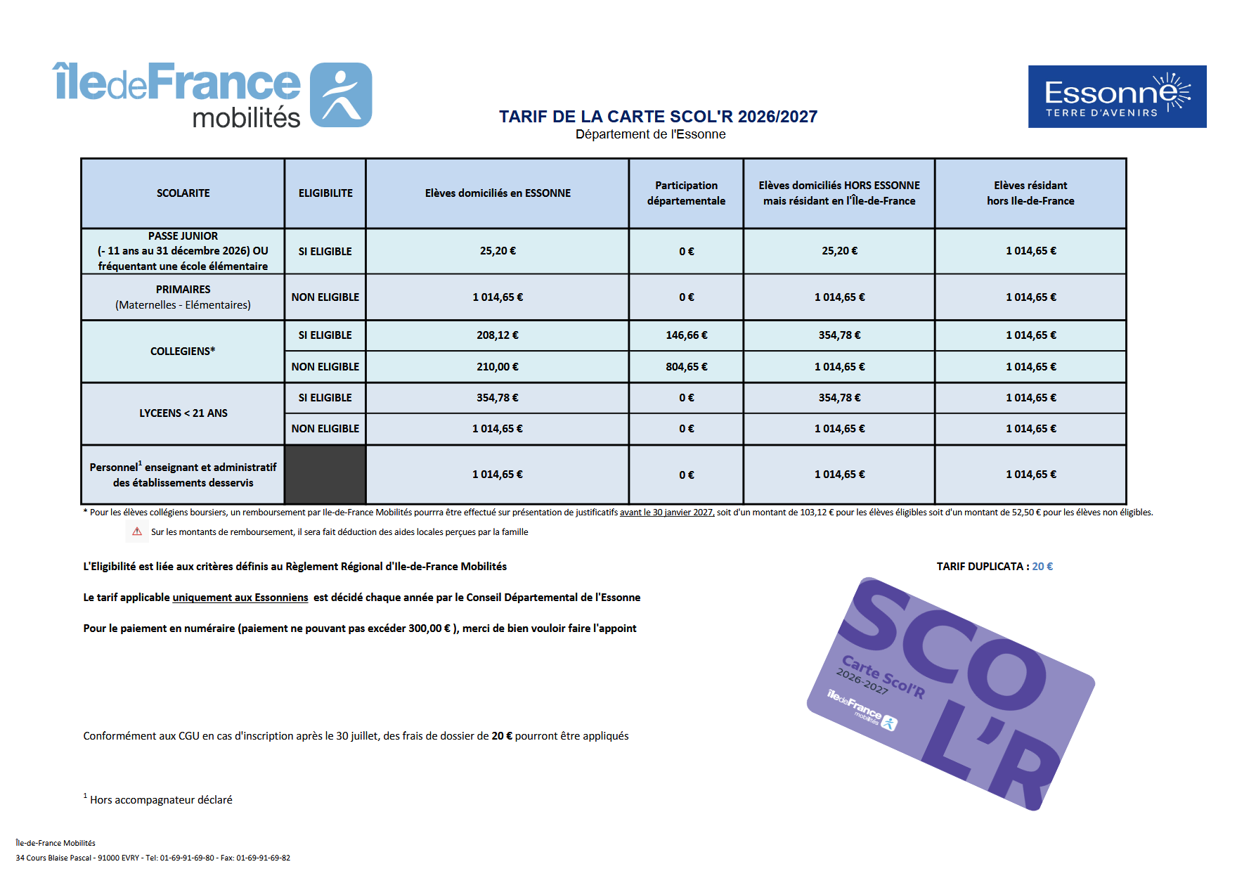 Tarifs de la carte Scol’R 2026-2027